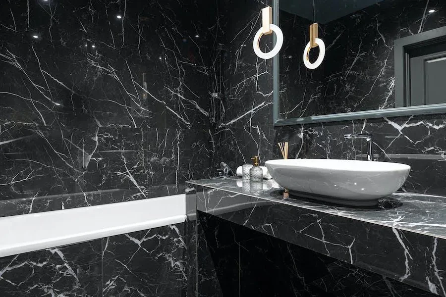 A porcelain vessel sink in a modern bathroom