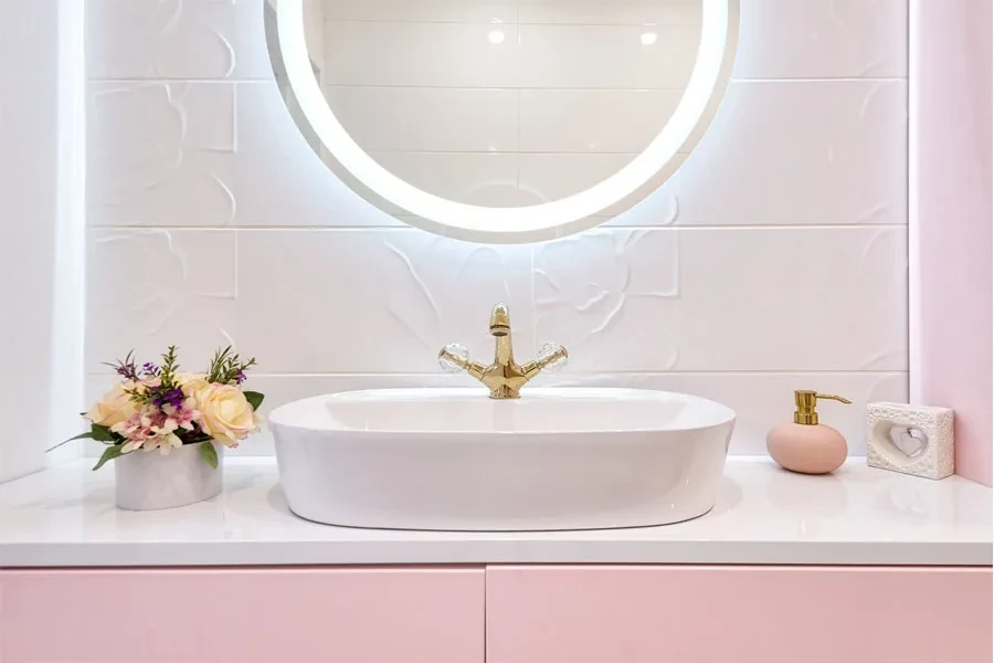 A porcelain vessel sink on a bathroom countertop