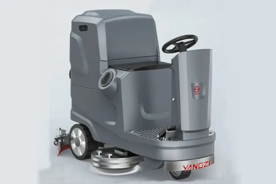 A ride-on floor scrubbing machine