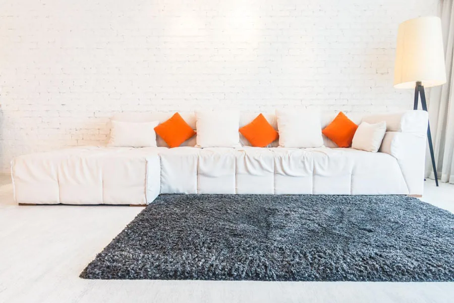 Une chambre meublée avec un tapis moelleux