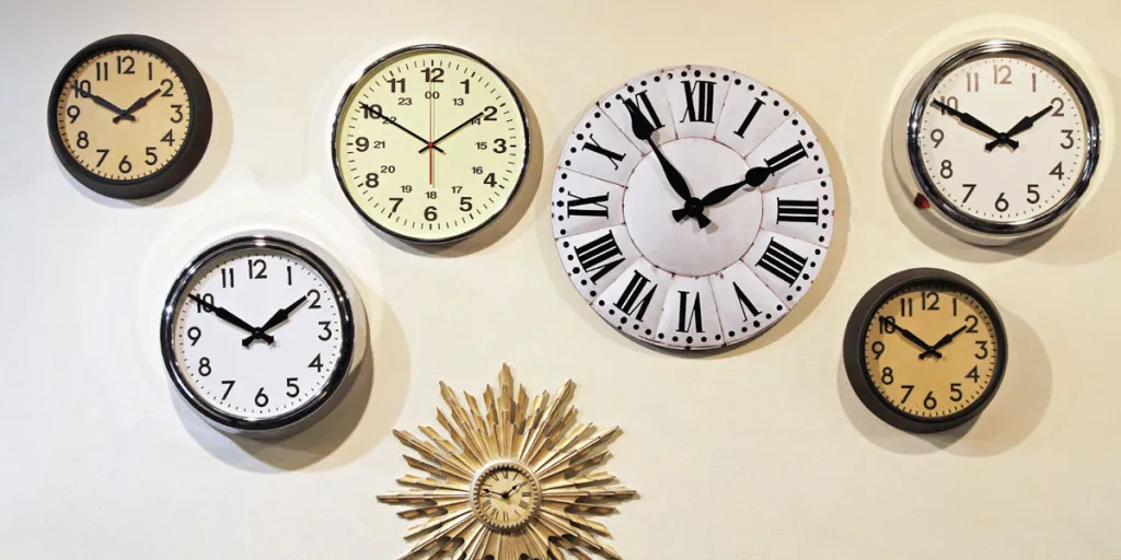 A set of wall clocks