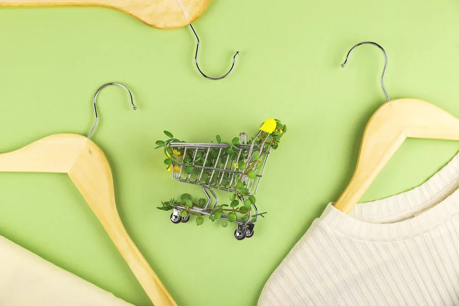 A shopping cart and wooden hangers