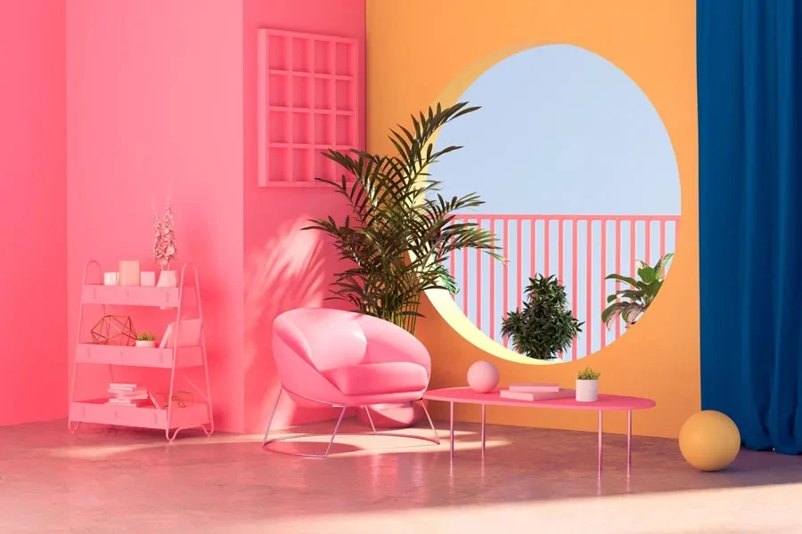 A vibrantly decorated room with plants