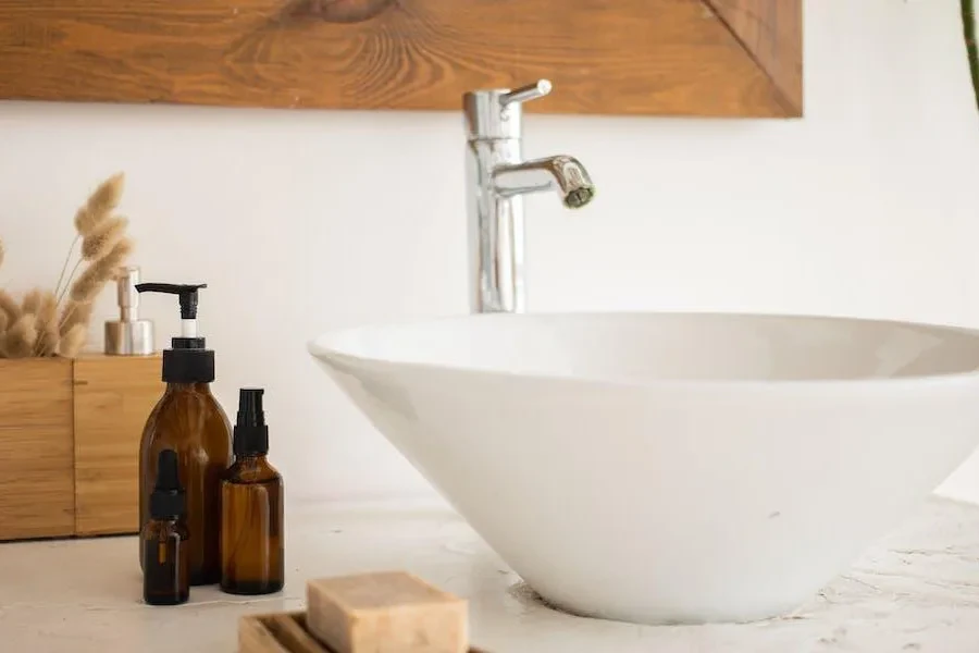 A white ceramic vessel sink on a bathroom counter