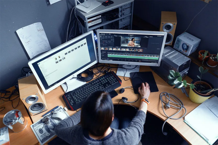 A woman editing video with two monitors 