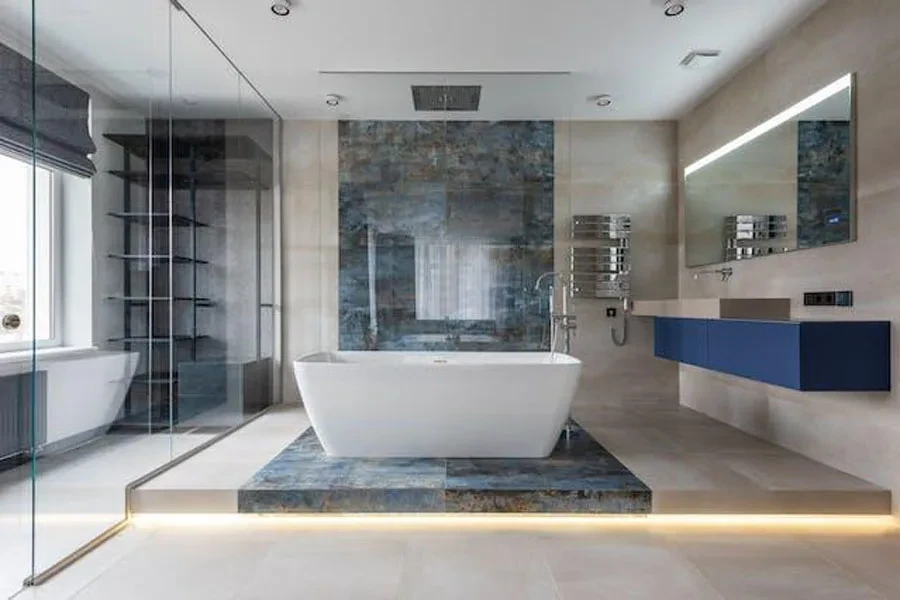 An acrylic pedestal bathtub in a bathroom