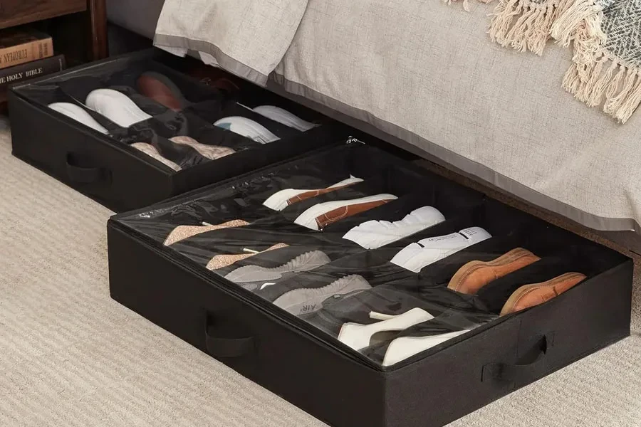 An under-the-bed shoe storage organizer