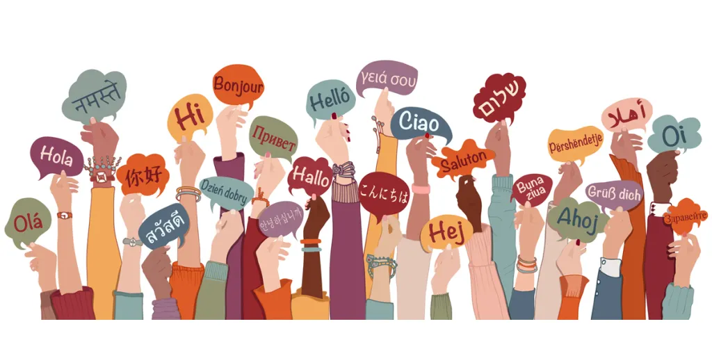 Arms raised holding speech bubbles, saying “Hello” in many languages
