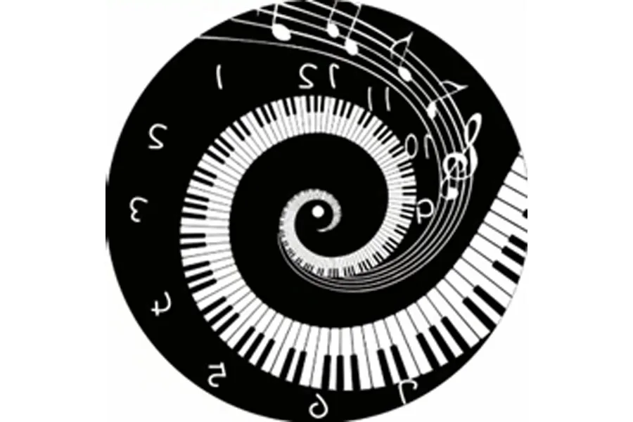 Schwarz-weiße runde Uhr mit Klaviertastatur und Noten