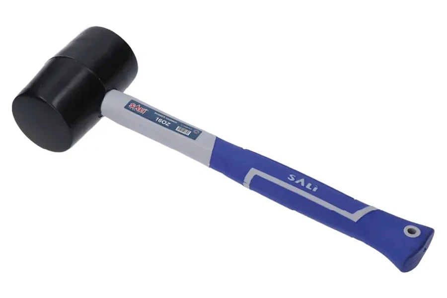 Black rubber mallet with ergonomic blue and white handle