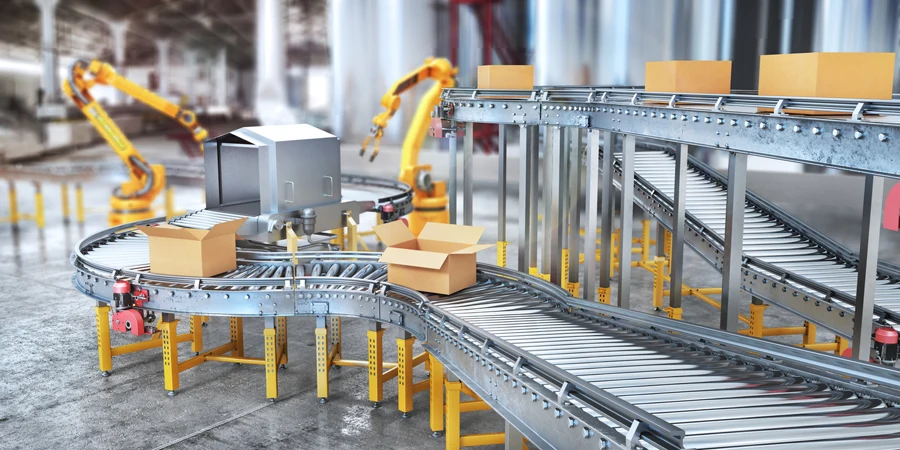 Blank conveyors on a blurred factory background