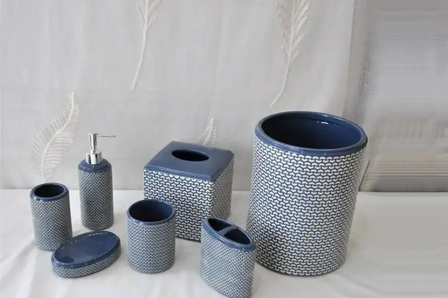 Blue ceramic bathroom accessories set
