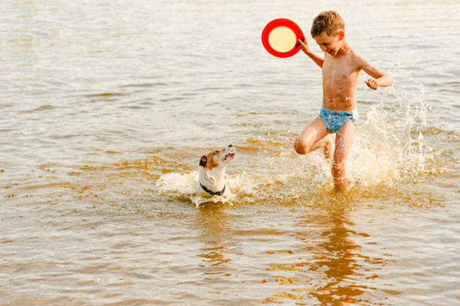 Anak laki-laki di air bermain dengan frisbee dan Jack Russell