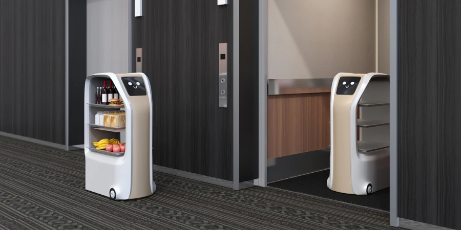 Delivery robot in elevator, another one carry food moving in the hall