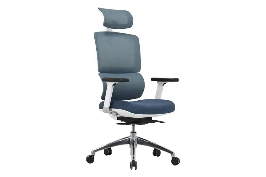 Elegante sedia da ufficio blu e bianca con poggiatesta