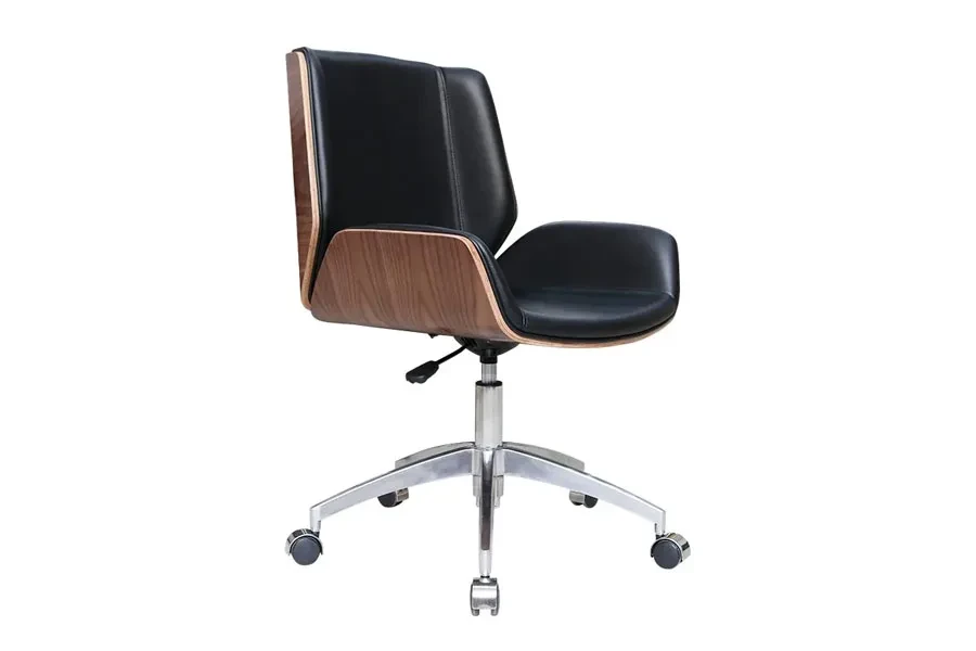 Ergonomic bucket-shaped conference chair with black and wood design