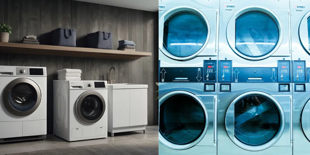 Máquinas de lavar e secar com carregamento frontal para uso industrial e doméstico.