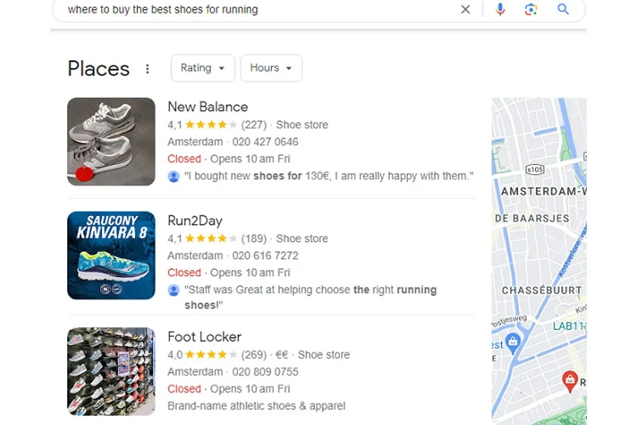 Google-Suchergebnisseite zeigt, wo man die besten Laufschuhe kaufen kann