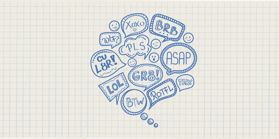 Handgezeichnete Sprechblase mit Akronymen und Abkürzungen, die häufig für die Kommunikation verwendet werden