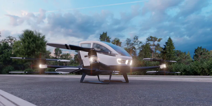 In the early morning, a high-tech air taxi departs for its destination