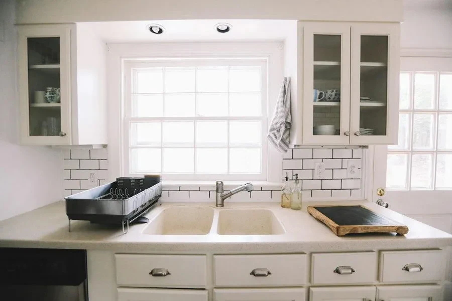 Kitchen counter with large steel frame dish rack