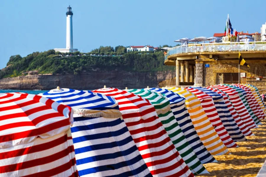 Multi-colored pop-up beach tents on sunny day