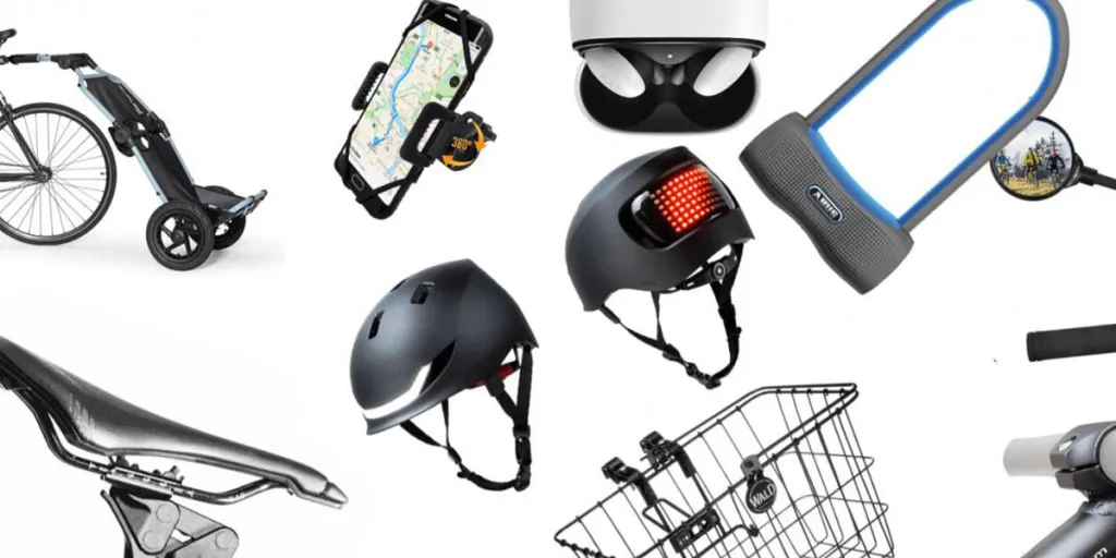 Multiple bike accessories on a white background