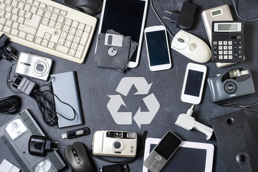 Old tech gear around a recycling symbol