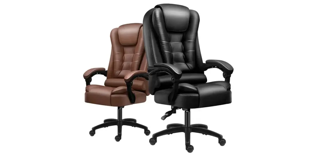 Satu kursi kantor ergonomis empuk berwarna coklat dan satu hitam