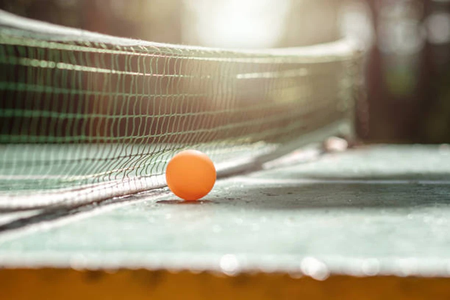 Pelota de tenis de mesa naranja junto a la red a la luz del sol