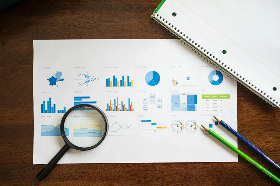 Scatto dall'alto di un documento con grafici e diagrammi