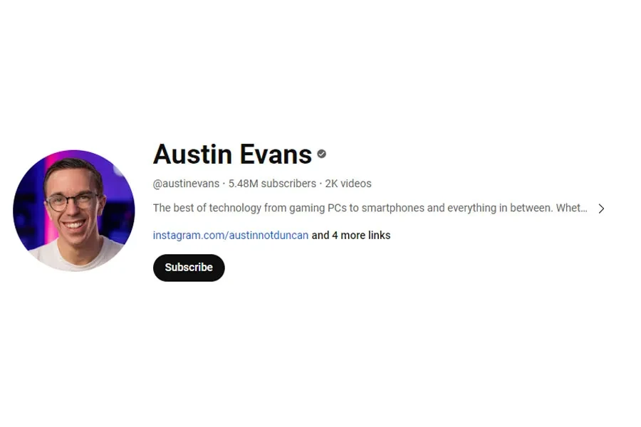 Captura de tela da página inicial de Austin Evan no YouTube