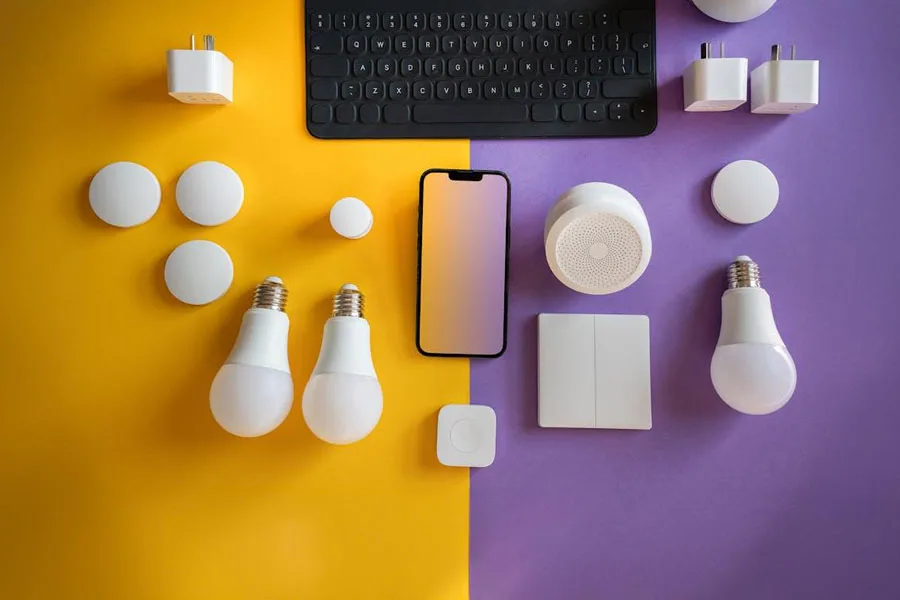 Smart devices on a yellow and purple background
