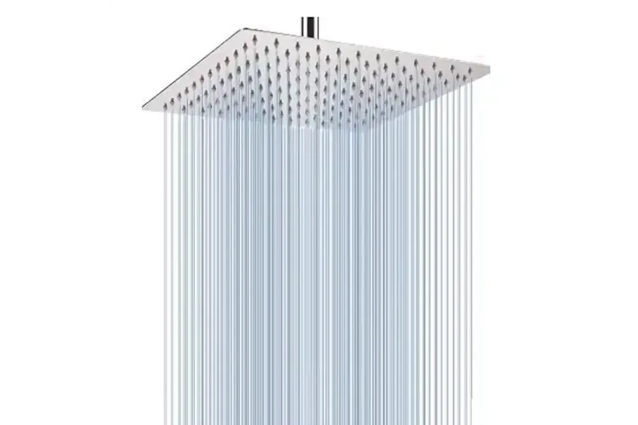 Square rain showerhead emitting forceful water spray