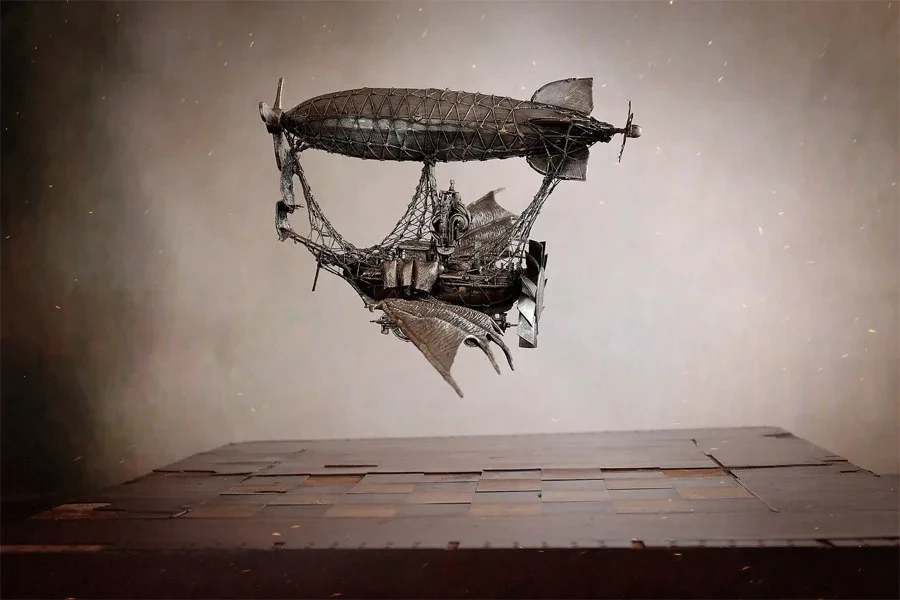 Steampunk nautical airship art on a brown background