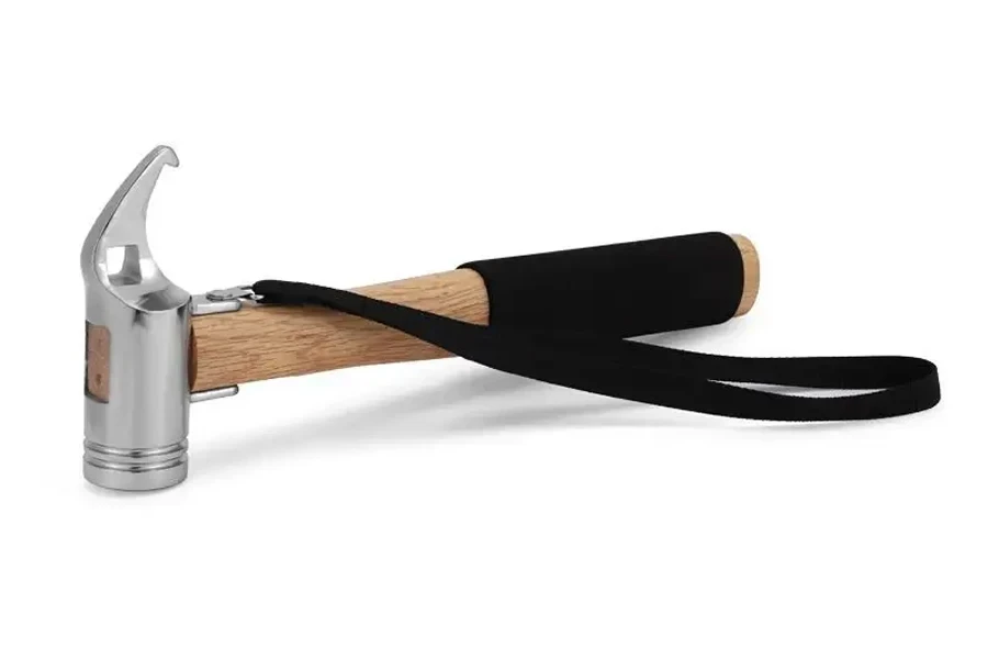 Steel camping mallet with wooden handle and cushioned grip