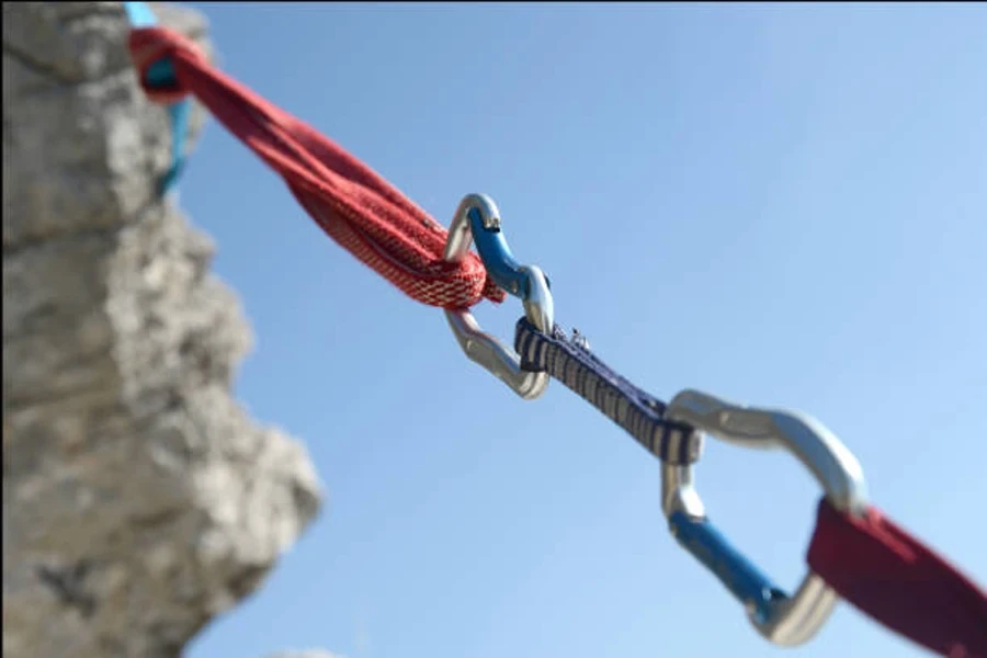 Zwei Karabiner, die an Seilenden am Felsen befestigt sind