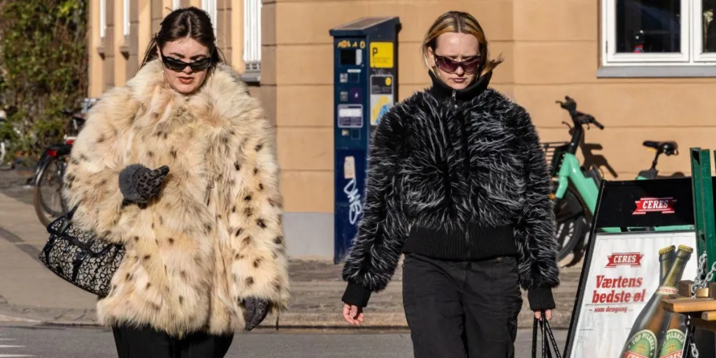 Dua wanita muda modis dengan mantel bulu palsu”