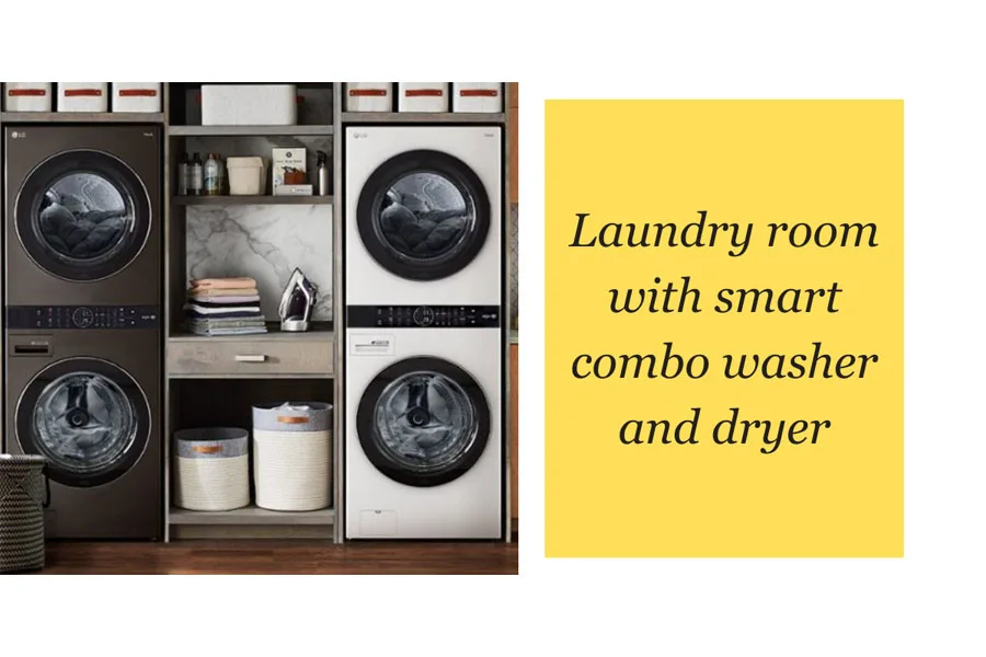 Two smart combo washer and dryer in a laundry room with washing supplies