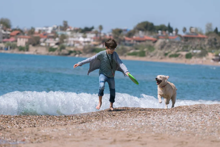 Young boy running with beach frisbee in hand with dog