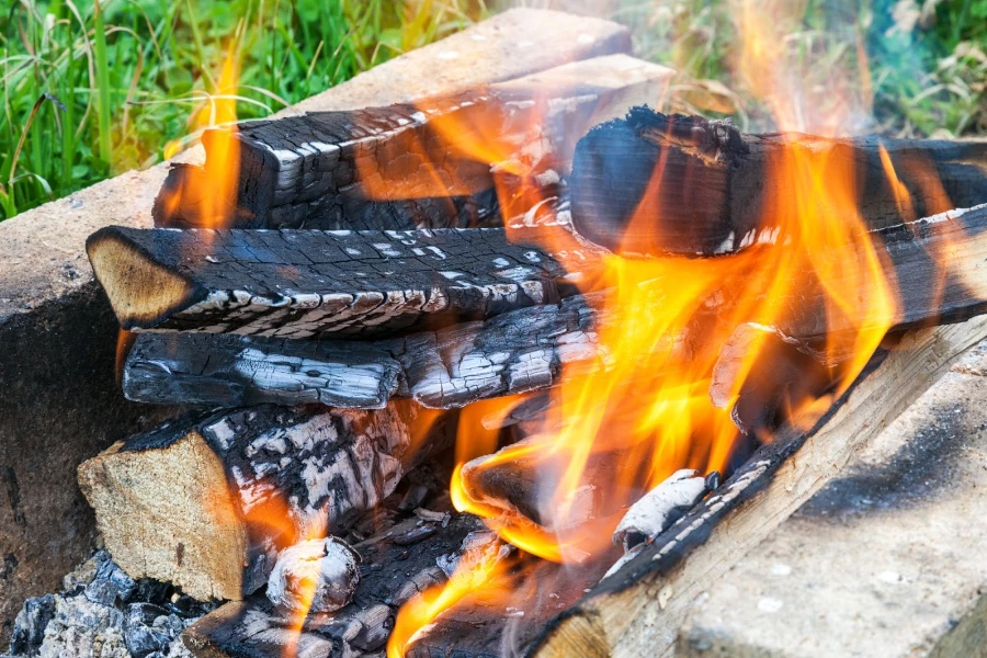 A close-up of a wood-burning fire pit