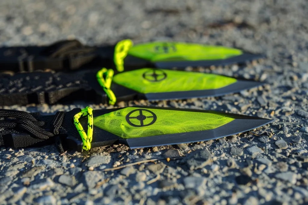 3 couteaux de lancer aux couleurs verte et noire
