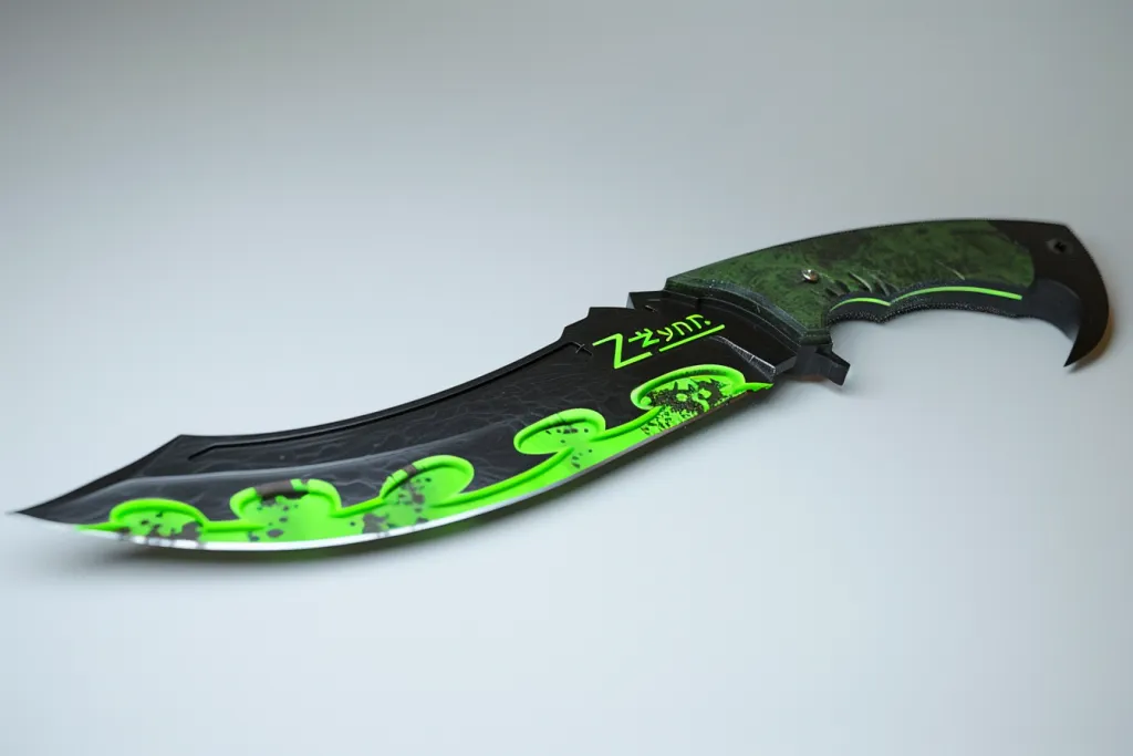 Un cuchillo curvo negro con mango verde.