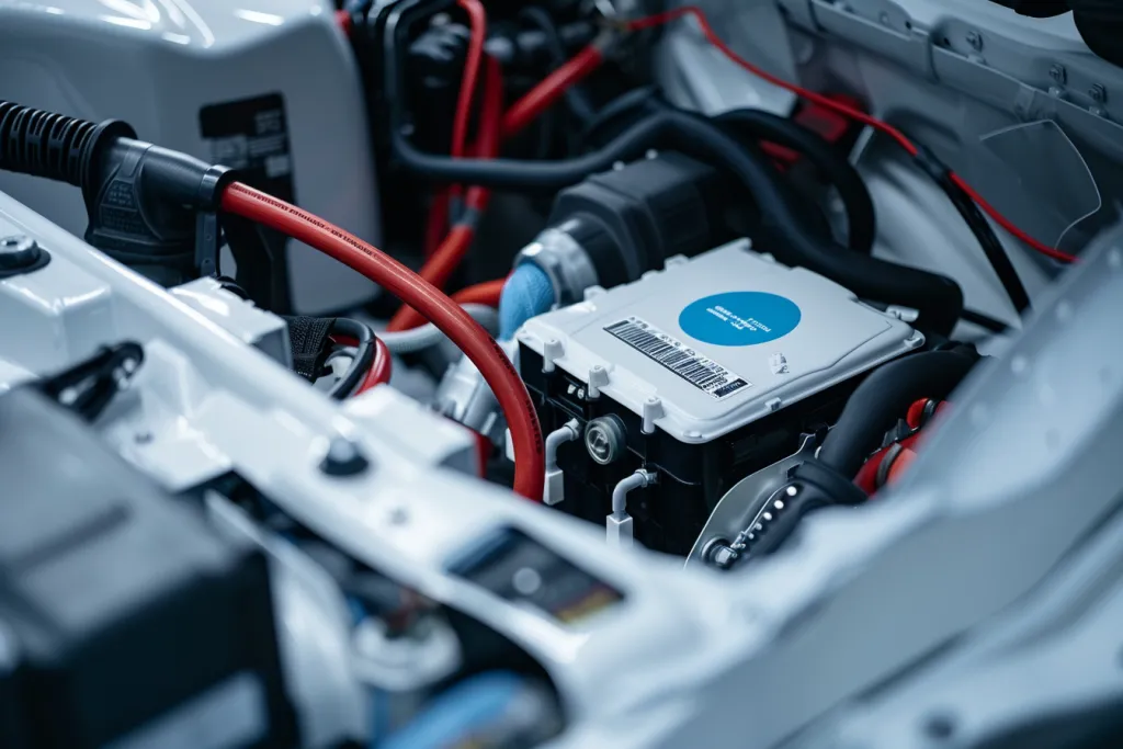 La batería de un automóvil está conectada al motor de un vehículo eléctrico.