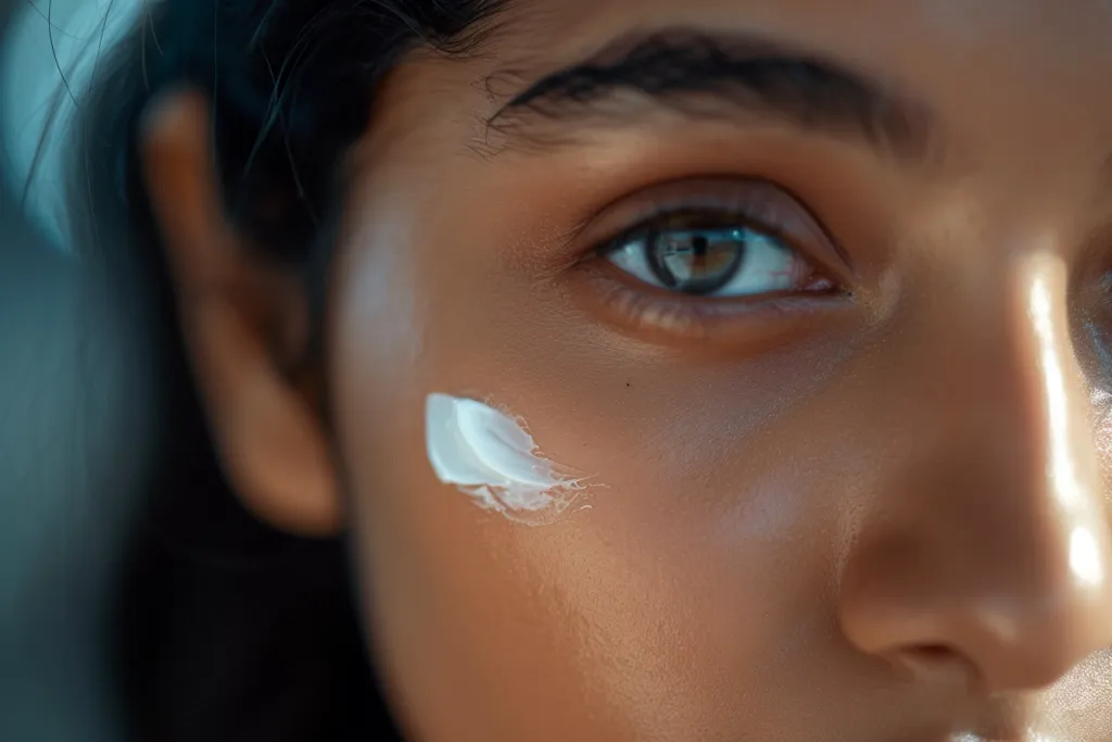 A close up of an Indian woman's face with cream on her cheek