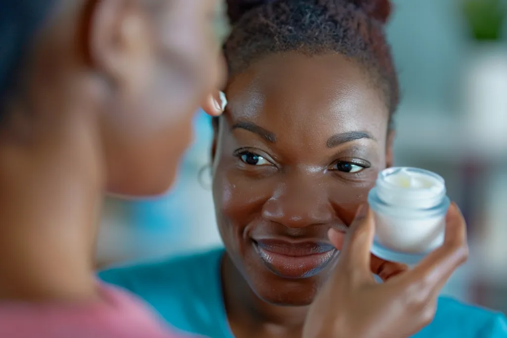 A closeup shot of an African American woman applying cream to her face