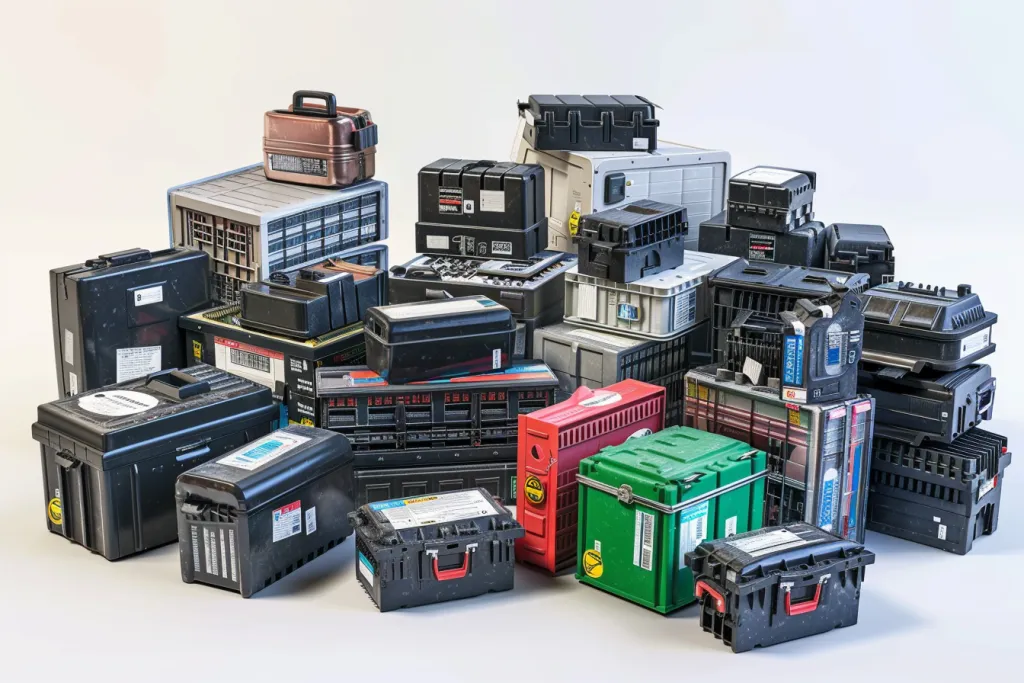 Uma coleção de vários tipos e tamanhos de baterias de automóveis