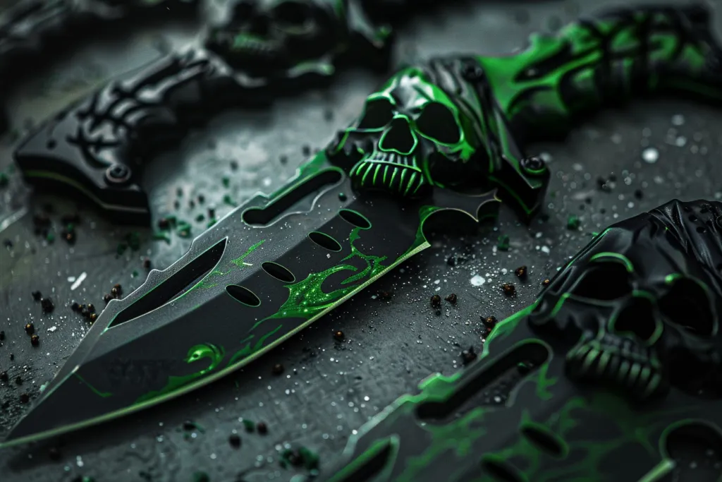 髑髏の形をしたハンドルが付いた緑と黒のナイフ