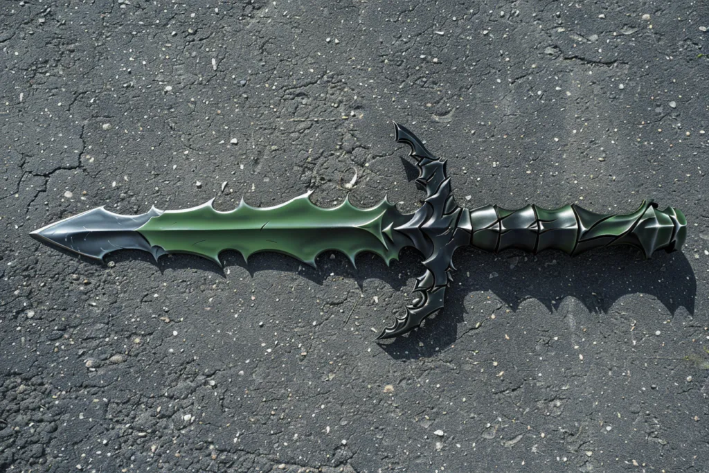 A long, black steel combat knife with a green handle