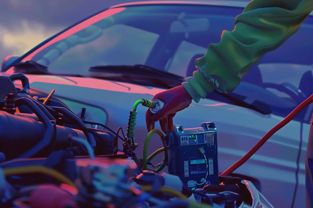 Человек заряжает аккумулятор автомобиля с помощью множества проводов и крышки экрана.